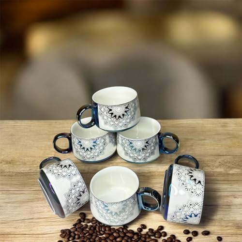 Image of DMRD Porcelain Tea Set with Kettle |Tea Cup Set 7Pc | Aesthetic and Classic Cups Set | Premium Crockery for Home & Gifting with Golden Color Geometric Pattern Design. (Purple)