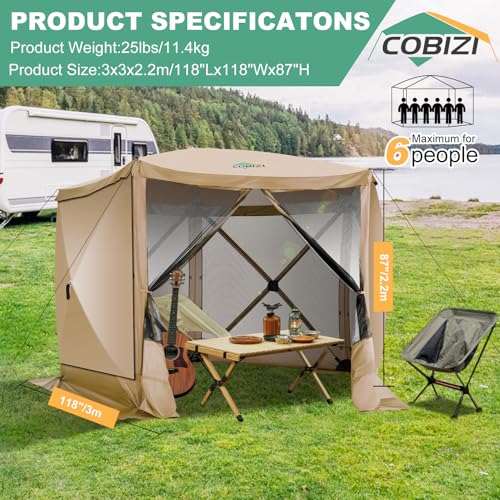 Image of COBIZI 10x10 Pop up Gazebo Screen House Tent for Camping, Pop-up Camping Canopy with Sidewalls, Portable Outdoor Quick-Set Hub Tent with Carrying Bag&Ground Stakes, Khaki(Upgraded 2.0)