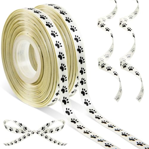WILLBOND 3/8 Inch By 50 Yard 2 Rolls Paw Print Ribbon Dog Cat Paw Holiday Party Stain Ribbon Rolls for Vet Tech Baby Shower Birthday Ornaments Gift Wrapping Pet Lover DIY Decoration(Ivory White)