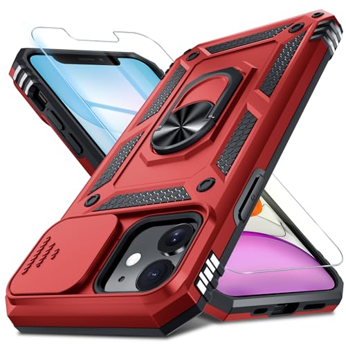 Janmitta Case for iPhone 11 Phone Cover Built in Slide Camera Lens Cover+Screen Protector Heavy Duty Shockproof Full Body PhoneCase with Finger Ring Holder Kickstand Red