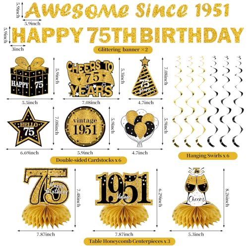 Image of Kuxriox 11Pcs 75th Birthday Decorations Kit for Men Women, Black Gold Happy 75th Birthday Banner, Awesome Since 1951 Centerpieces Swirls Party Supplies, 75 Bday Banner Ceiling Table Topper Sign