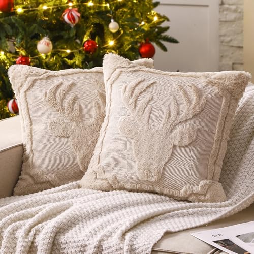 Hahafelt 2 Pack Easter Pillow Covers 18 x 18 Inch Beige Bunny Throw Pillow Covers Soft Plush Faux Fur Cushion Case Spring Rabbit Decoration for Easter Chair Sofa Bedroom Home(Reindeer)
