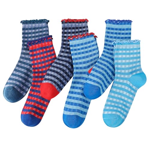 Image of 6 Pairs Women Ruffle Striped Frilly Socks, Cute Checkered Ankle Sock for Women Cotton Knit Casual Crew Socks