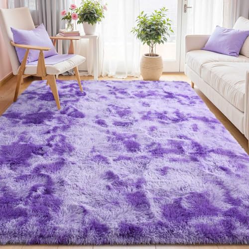 5x7 Purple White Rug Fluffy Living Room Rugs Girls, Plush Soft Fuzzy Area Carpet Non Slip for Bedroom Nursery Kids Girlie Elegant Home Decor Aesthetic