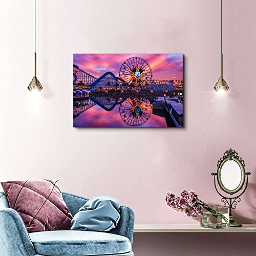Image of Disney Canvas Wall Art Sunset Disneyland Ferris Wheel Picture Wall Decor for Girls Women Room Decor, Anime Castle Park Landscape Painting Prints Photo Panoramic Artwork Living Room Bedroom Decorations 16x24 inch