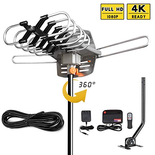 HDTV Antenna Amplified Digital Outdoor Antenna 150 Miles Range-360 Degree Rotation Wireless Remote,Supports 2 TVs UHF/VHF/1080P/4K with 33ft RG6 Cable,Mounting Pole