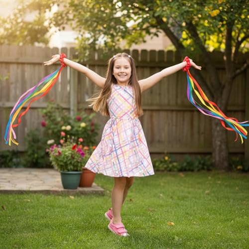 Image of VioraWhite 12 Pcs Rainbow Dance Ribbons for Kids Rainbow Rhythm Ribbons Elastic Wrist Streamers Hand Held Rhythm Streamers Gymnastics Dance Party Props for Adult Decor (0.8 x 39.4 Inch,Multicolor)