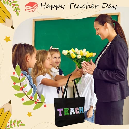 Teacher Appreciation Gifts Women Tote Bag Funny Thank You Gag Gifts Colorful Teach Letters with Interior Pocket2