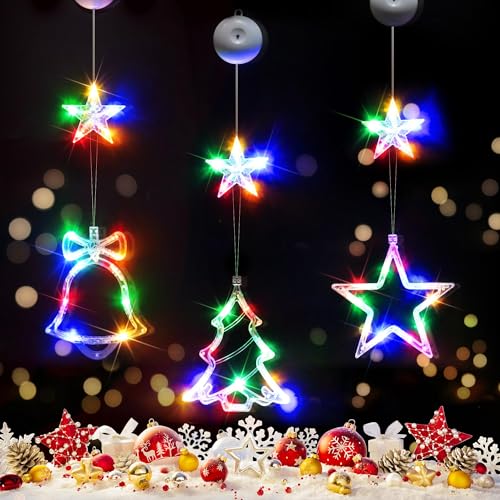 suddus Christmas Window Lights Decorations, 3Pcs Tree-Jingle Bell-Star Shaped Xmas Lights Battery Powered with Suction Cups & Timer, Hanging String Lights Indoor for Tree, Fireplace, Multicolor