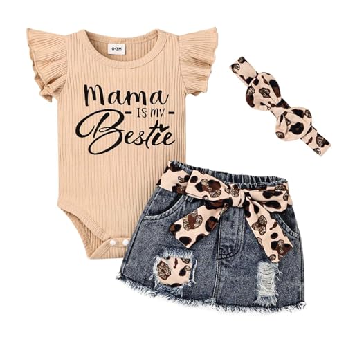 Image of CETEPY Baby Girl Clothes Newborn Romper Ruffle Sleeve Short Jeans Skirt with Headband Infant Outfits Set 0-18 Months