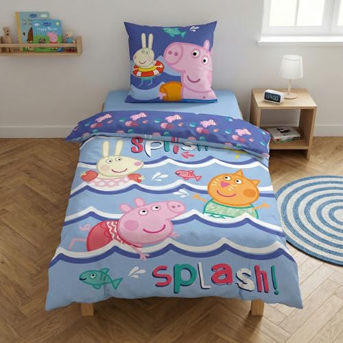 Parure de Lit Peppa Pig Splish Splash - Housse de Couette 140x200 cm + Taie 65x65 cm - Réversible 2 en 1-52% Coton & 48% Polyester - Certifiée Oeko-Tex...