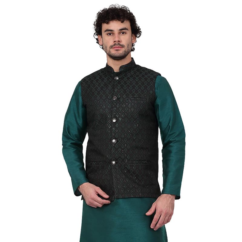 Image of KRAFT INDIA Men's Embroidered Sequins Jacquard Nehru Jacket