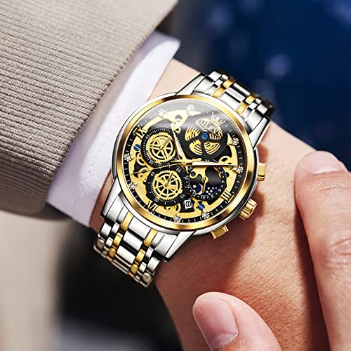 Image of OLEVS Skeleton Watch for Men Stainless Steel Chronograph Watch for Men Classic Waterproof Mens Watches with Date Luxury Business Men's Analog Wrist Watches, relojes para Hombres Blue /Black /Gold /White