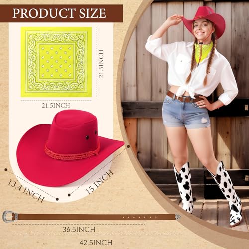Image of Haysandy Halloween Men Cowboy Costume Hat with Bandana Belts Cowboy Cowgirl Hat Wide Cowgirl Brim Costume Accessories