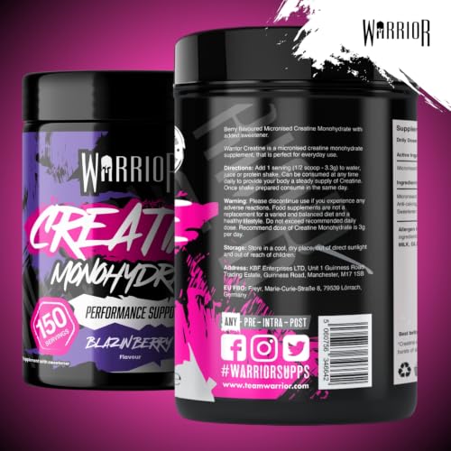 Warrior Creatin Monohydrat Pulver 500 g, Kreatin Vegan – Blazin Berry 3 g pro Portion, 150 Portionen, mikronisiert, angenehmer Geschmack… – Ansicht 4