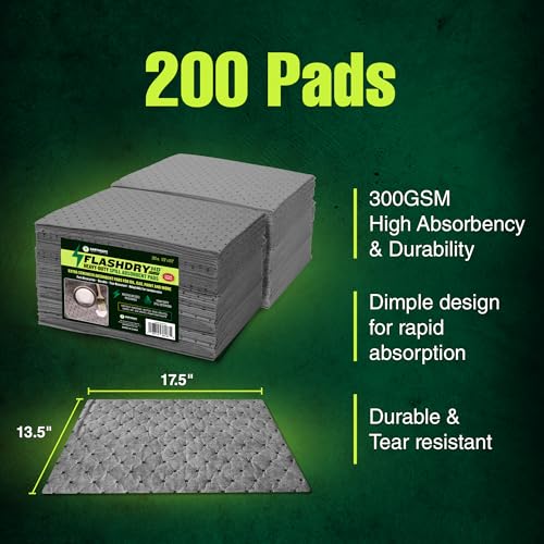 Image of FLASHDRY Universal Heavy Duty Spill Absorbent Pads, Chemical & Oil Absorbing Pads 200 Pack - 300GSM /4mm for Garage, Workshop, Automotive, and Industrial Use - 17.5 inchx13.5 inch Perforated, Dispenser Box