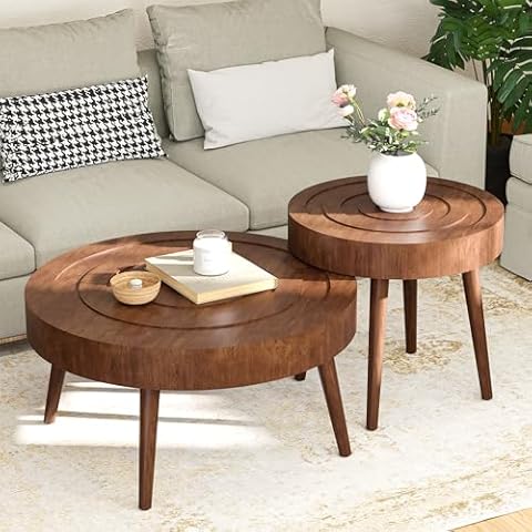 SUNBURY Coffee Table Round 2-Piece, Nesting Coffee Table with Concentric Circle Pattern, Wood Coffee Table Set for Living Room Bedroom, 31.5"x16" and 21.8"x20" Cover