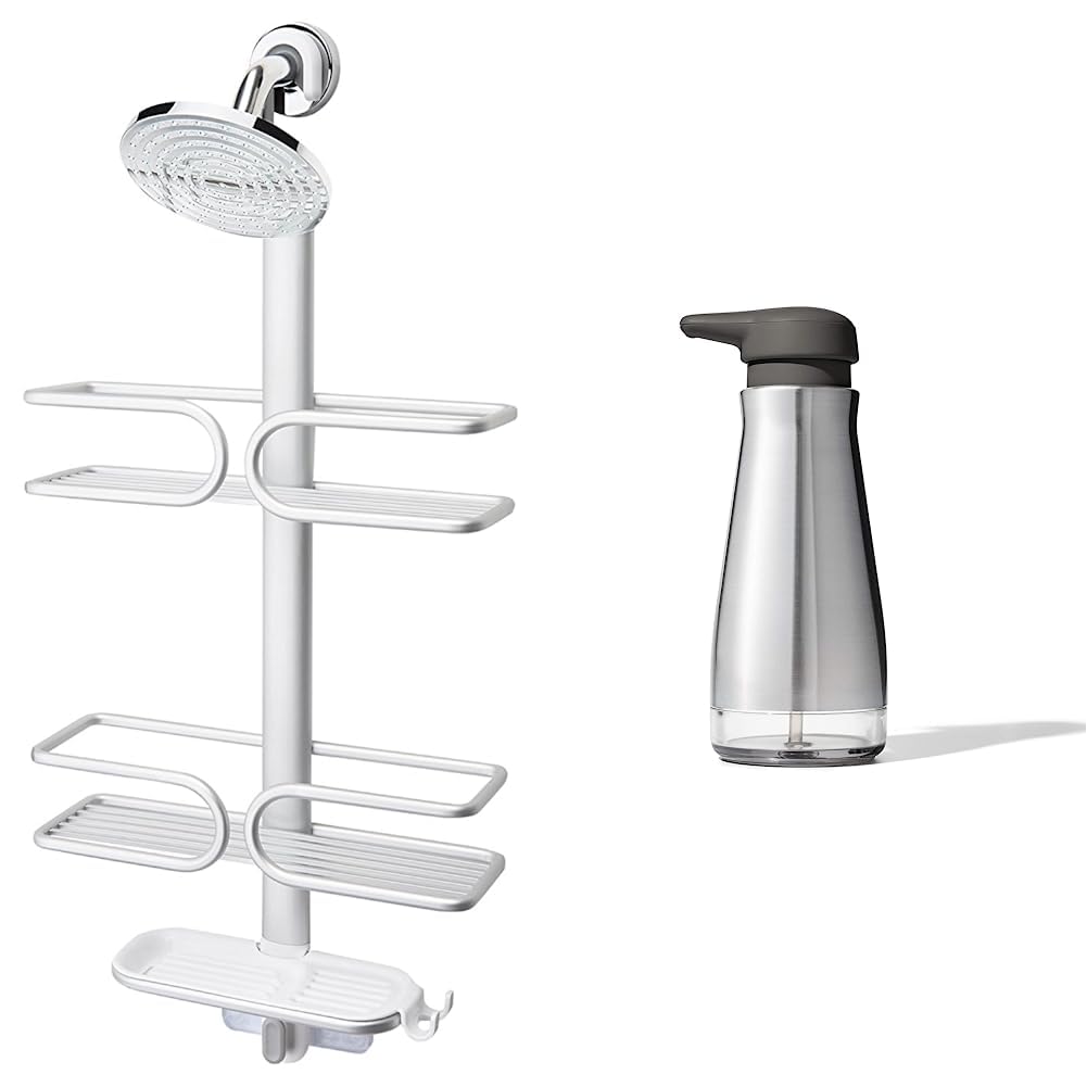 OXO Good Grips Aluminum Shower Caddy and Soap Dispenser Bundle