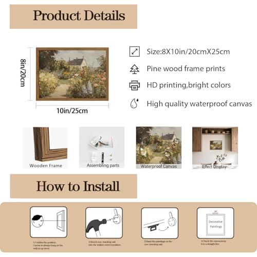 Image of Vintage Painting Wall Art, Country Landscape Wall Decor, Nature Wildflower Farmhouse Pictures Canvas Prints for Bedroom Bathroom Living Room 10x8 inch Wood Framed