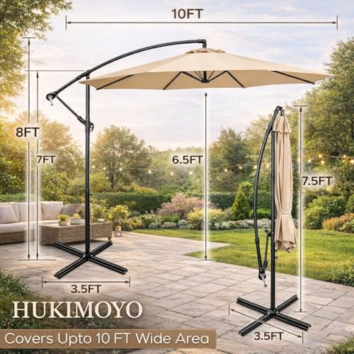 Image of Hukimoyo 10Ft Diameter Large Outdoor Patio Cantilever Offset Umbrella with Base Stand, Waterproof Heavy Duty Garden Parasol Sun Shade Canopy, Side Pole Umbrella for Backyard, Poolside, Deck, Lawn, Terrace, Cafe.