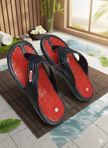 Image of Acupressure & Magnetic Slippers - Red /Black for Enhanced Blood Circulation, Stress Relief, and Foot Health