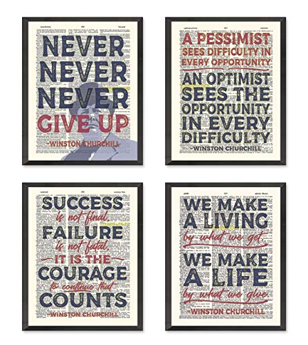 Winston Churchill Quotes Wall Art Prints, Set of 4, Unframed, Vintage Highlighted Dictionary Page Wall Art Decor Poster Sign, 8x10 Inches