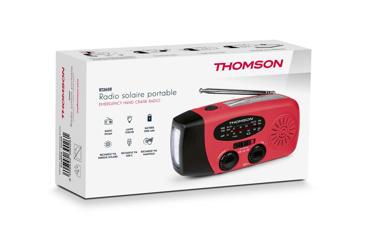 Radio FM Solaire Portable RT260,eclairage LED, Bouton SOS Alarme,Dynamo pour Recharge Manuelle, Recharge USB Batterie 2000 mAh, Charge d'appoint Smartphone (Rouge)