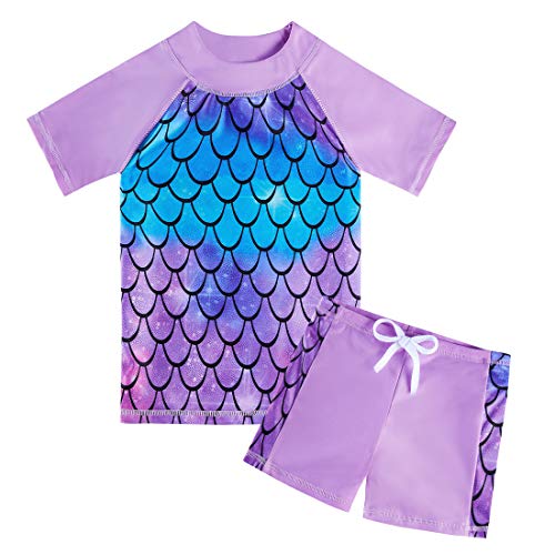 Image of AIDEAONE Girls Rash Guard Swimsuit Short Sleeve Two Piece Bathing Suit Size 3-12T
