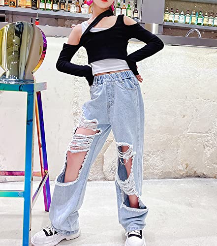HBER Kids Girls Baggy Jeans Elastic Waist Denim Pants Wide Leg Bottom Casual Loose Fit Ripped Trousers Age 4-14 Years3
