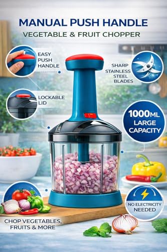 Image of YOUONE Push Chopper, 1000ml Capacity, Stainless Steel Blade, Transparent Container with Lock System, Green (Black)