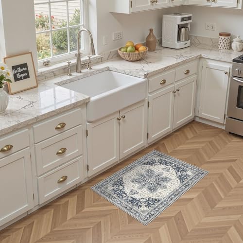 Tortania Area Rug 2x3 Doormat - Washable Vintage Oriental Farmhouse Soft Thin Indoor Carpet for Living Room Bedroom Hallway Entryway Kitchen - Indigo