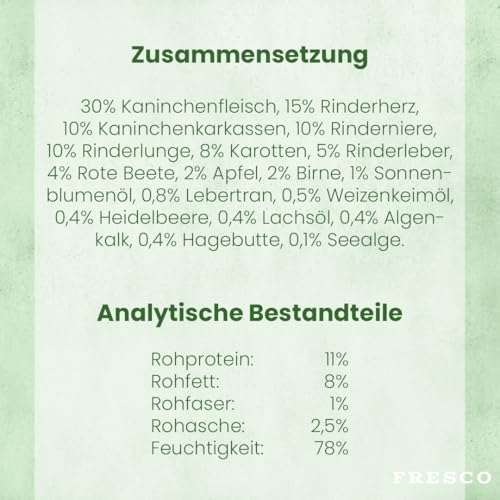 FRESCO Dog NassBarf Kaninchen mit Rind 12 x 400g | Hundefutter Nass getreidefrei | 80% Frischfleisch | Nassfutter für Hunde ohne künstliche Zusätze | Aus Deutschland