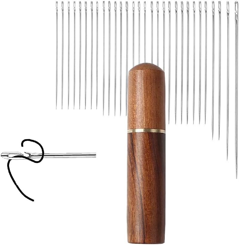 Gozaqe Self Threading Needles 30Pcs With Wooden Case - Multiple Sizes for Quilting, Embroidery, Hand Sewing