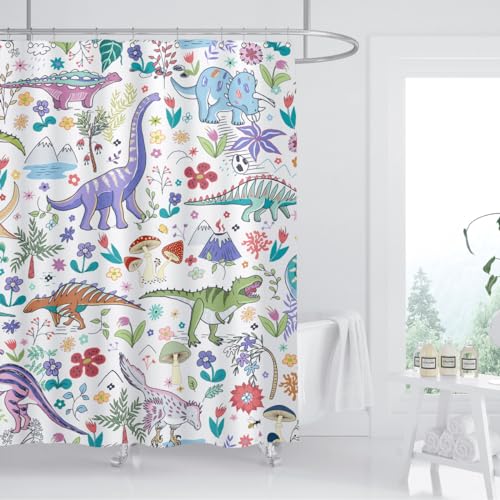 Image of Dinosaur Shower Curtain Cartoon Funny Dino for Kids Boys Trex Mushroom Plant Leaf Flowers Colorful Bathroom Decor Waterproof Polyester Fabric 72Lx72W Inch with Hooks