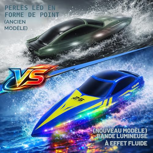 Bateau télécommandé RC bleu à LED avec télécommande 2.4GHz et deux batteries pour piscine