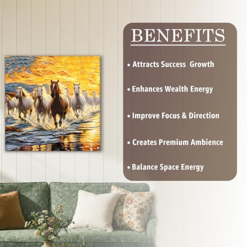 Image of PAINTINGMANTRA 9 Running Horses Vastu Framed Wall Art Painting For Living Room| Strength & Forward Energy Nine Horse Poster with frame for Wall, Decoration item for bedroom, 13x17.5 Inch