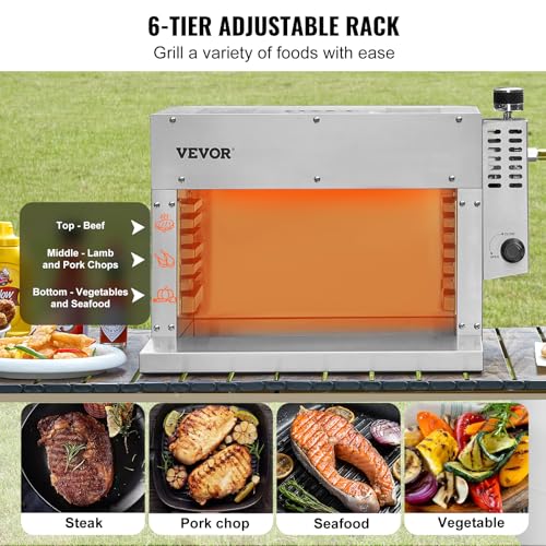 Image of VEVOR Propane Steak Grill, Portable Infrared Broiler, 1500F Stainless Steel Barbecue Infrared Grill with 6-Tier Adjustable Rack, Steak Cooker Machine for BBQ, Toast, Grill, Outdoor Picnic