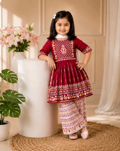 Image of Girls Embroidered Printed Kurta with Printed Palazzo Set, Ethnic Wear, 3-Piece