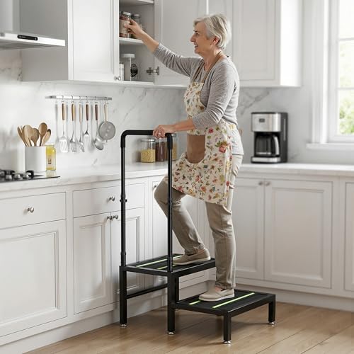 Image of 2 Step Stool with Handle, Heavy Duty Step Stool for Elderly and Adults, Adjustable Handrail with Non-Slip Platform, Bedside Steps for High Beds, Kitchen and Bathroom