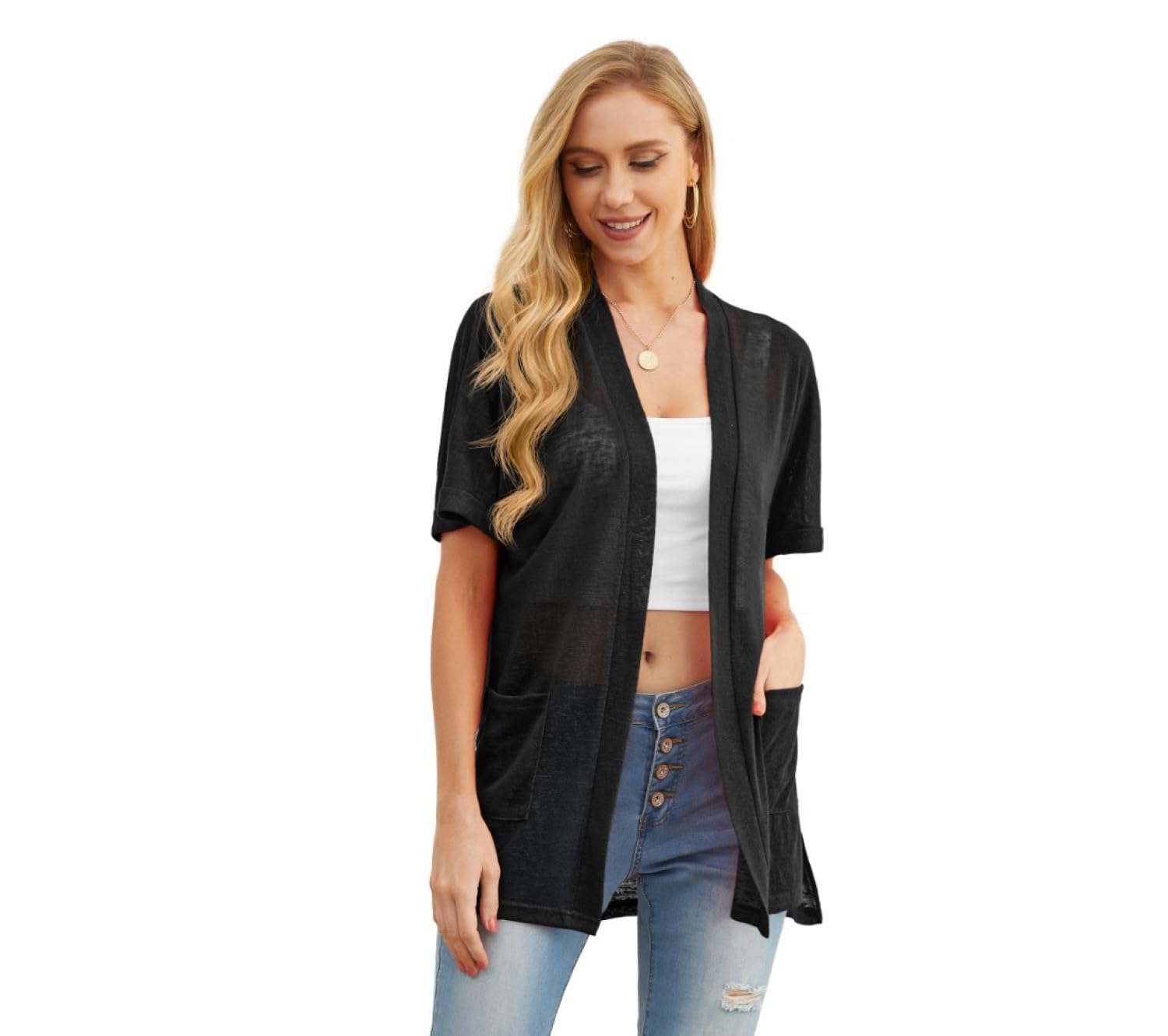 PrinStory Strickjacken Für Damen Leicht Kurzärm Sommer-Strickjacke Mit Tasche Lässig Vorne Offen V-Ausschnitt Oberbekleidung