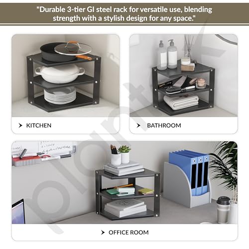 Image of Plantex GI-Steel 3-Tier Pan Stand for Kitchen /Multipurpose Corner Floor Mount Shelf for Kitchen - Pack of 1 (Black)