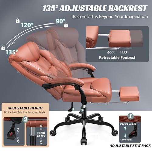 Office Chair, Executive Leather Chair Big and Tall Ergonomic Computer Desk Chair, Comfy Swivel Rolling Reclining Lumbar Support Task Chair with Adjustable High Back Foot Rest for Home Gaming - Image 7