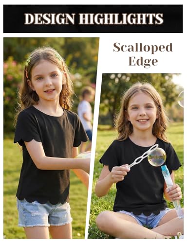 Image of Noomelfish Girls Short Sleeve Scalloped Edge T-Shirts Casual Cute Summer Tee Tops Blouse (5-12 Years)