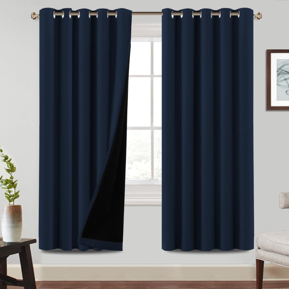 BellaHills 100% Blackout Curtains Eyelet Thermal Insulated Curtains for Living Room Heat and Full Light Blocking Window Treatments with Black Liner 2 Panels