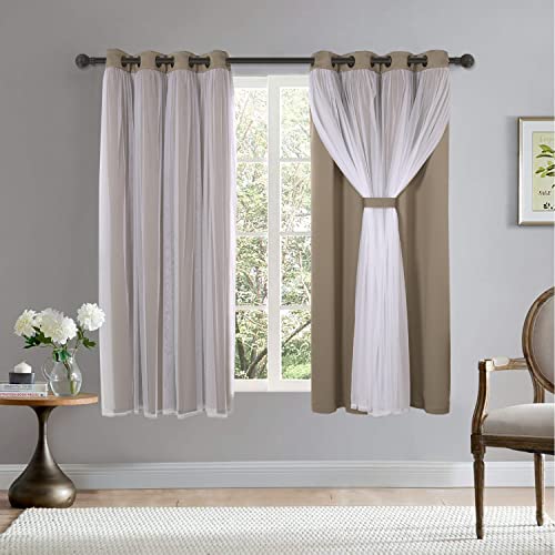 BONZER Cortinas opacas combinables de doble capa con ojales y visillo blanco para dormitorio, lino vintage, 132 x 160 cm, set de 2 paneles