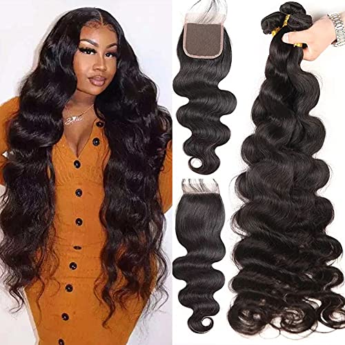 26 28 30 with 20 Closure Long Silky Body Wave 3 Bundles With 4x4 Lace Closure Free Part Unprocessed Virgin Hair Wave Weave Brazilian Body Wave Bundles Human Hair Extensions Natural Color