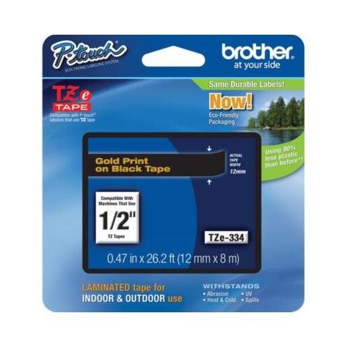 TZE334 Brother P-Touch TZe Laminated Tape Cartridges - 1/2inch - Black - 1 Each - Grease Resistant, Grime Resistant, Temperature Resistant