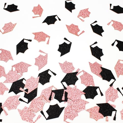 Image of 200PC Black Rose Gold Grad Cap Graduation Confetti for Table Glitter Graduation Hat Table Scatter for Class of 2026 Grad Party Decorations