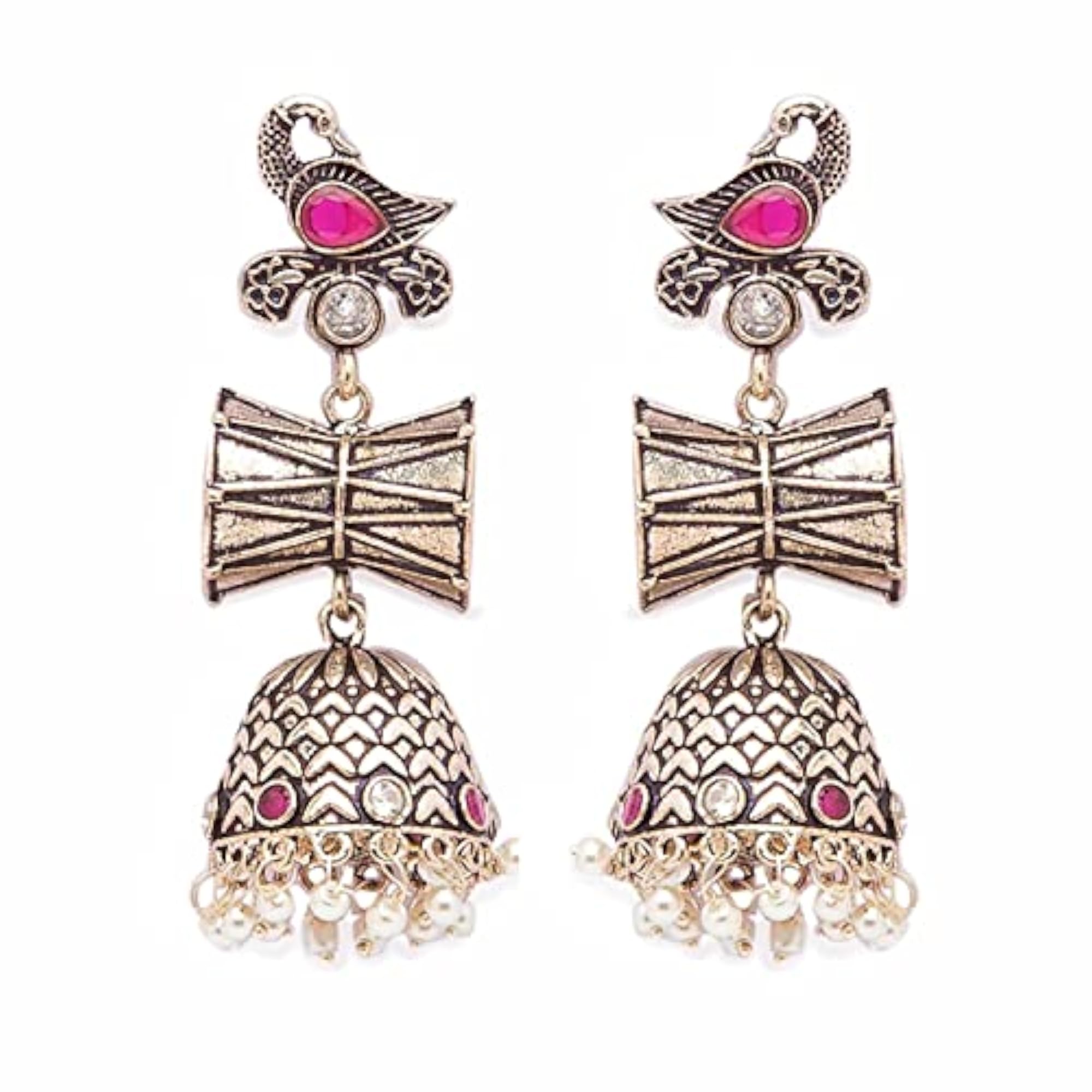 German Oxidized Silver Peacock Jhumkas with Pearls, Gift