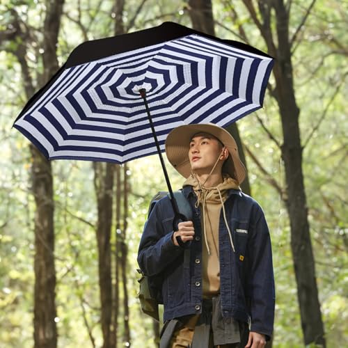 Image of SIEPASA 49 /56 Inch Inverted Reverse Upside Down Umbrella, Extra Large Double Canopy Vented Windproof Waterproof Stick Golf Umbrellas with C-shape Handle.(Navy Blue,56 Inch)